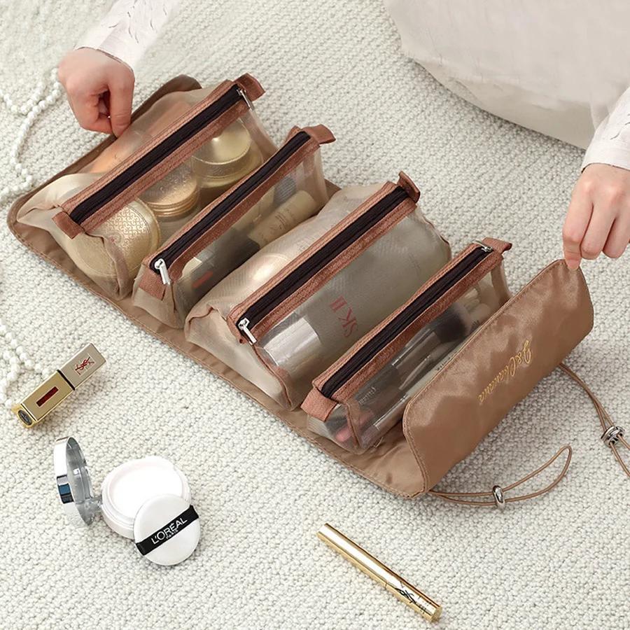 Women Fold Cosmetic Bag with Large Capacity Makeup Brush Storage Bag Waterproof Compartment Travel Makeup Brush Protective Cover