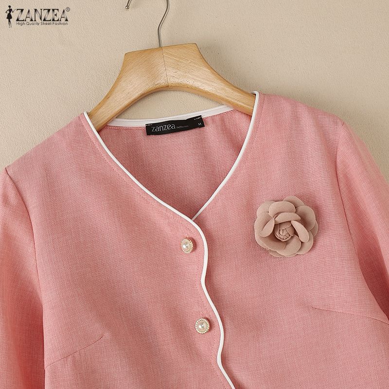 ZANZEA Blusa tipo cárdigan fina de manga larga con escote en V informal para mujer