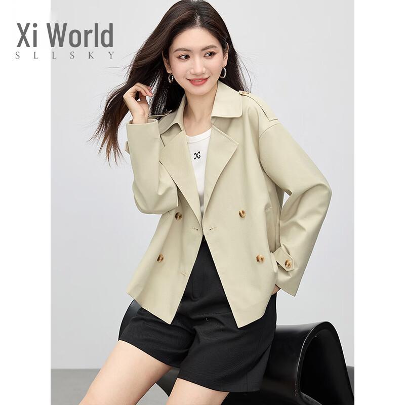 SLLSKY Women s Short Double-Breasted Khaki Trench Coat 2XL