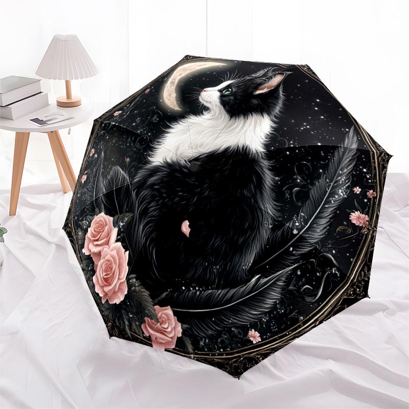 1 PC Automatic Folding Umbrella - Black and White Cat with Moon Pattern, Portable & Foldable Design with 8 Ribs, Christmas Birthday Gifts