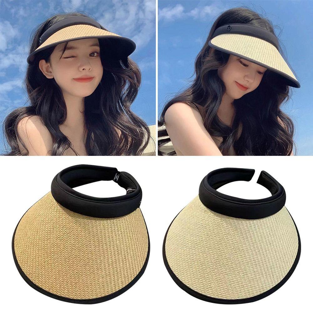 

Casual Portable UV Protection Visors Sun Hat Beach Hat Straw Cap Beige