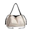 2025 new trendy niche design canvas spliced drawstring linen tote bag versatile large-capacity shoulder bag