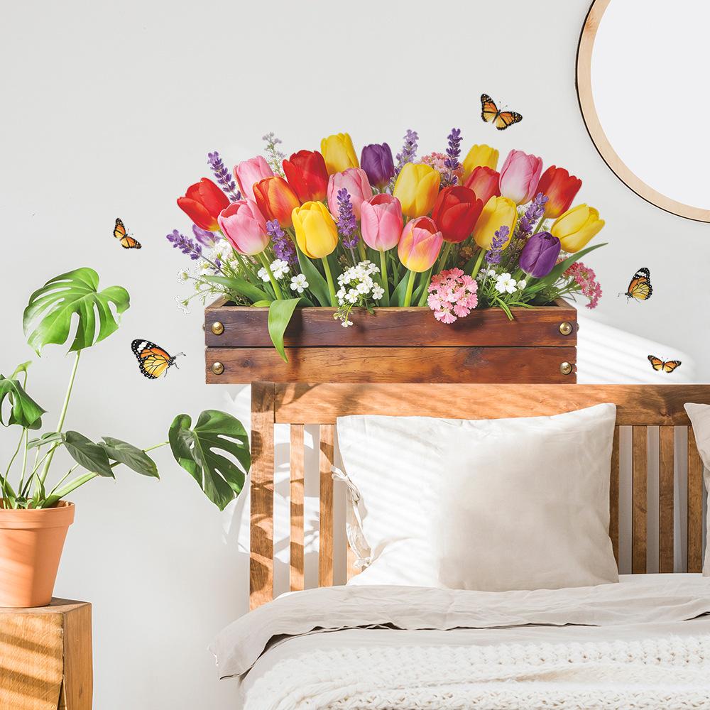 Painted 3D Wooden Crate Tulip Butterfly Wall Sticker Self Adhesive Removable Living Room Bedroom Entryway Decor