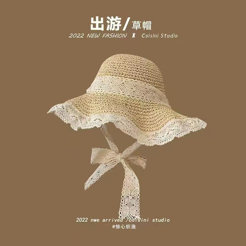 Hyunya-Stil farbige Holzperlen Strohhut Sommer Krempe Stroh gewebt Sonnenschutzhut faltbar Meeresufer Sonnenschirm Sonnenschutzhut