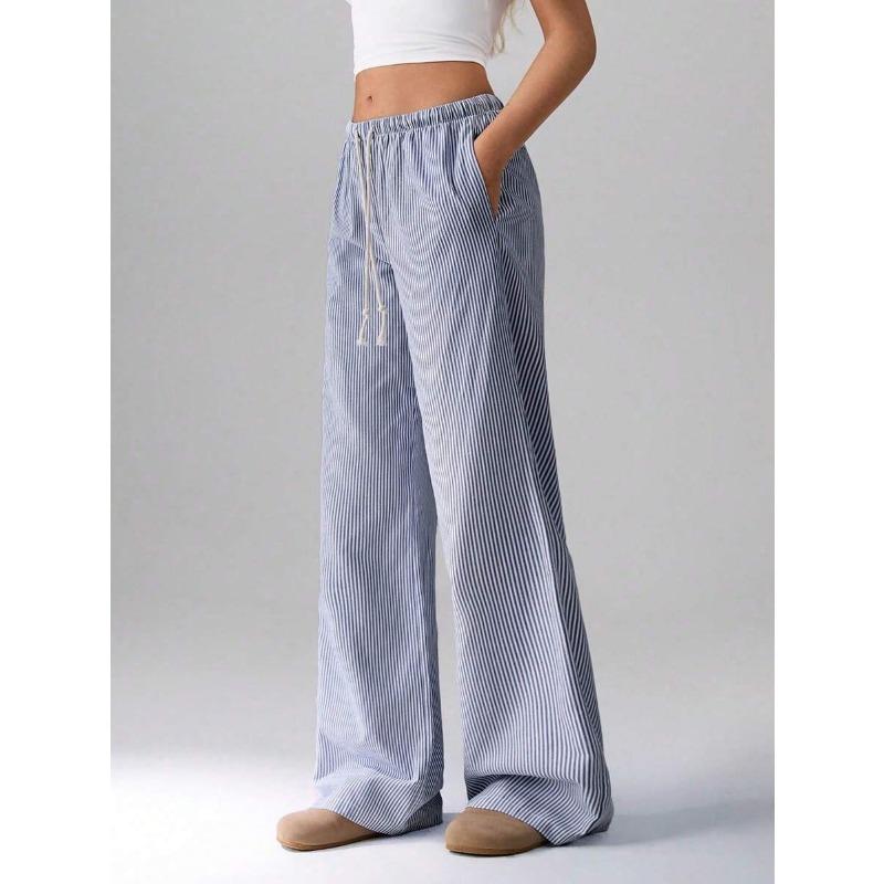 Damen Elastische Taille Gestreifte Weite Hosen Kordelzug Lässige Sommerhosen