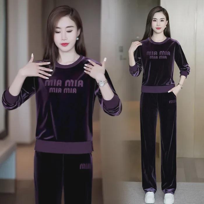 

Женский костюм-двойка из золотого бархата: Осенний стиль, свободный крой, круглый вырез, приталенный крой для спорта и отдыха. 4XL фиолетовый