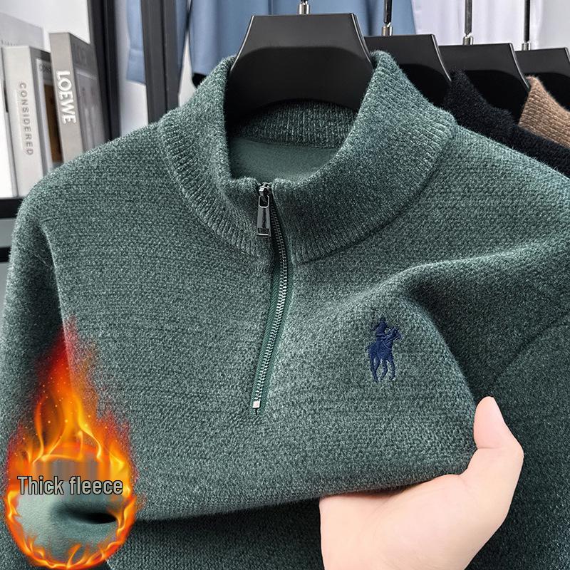 Men's Trendy Fleece Zipper Sweater - Loose, Warm, Plus Velvet, Half-High Collar Knitwear for Winter