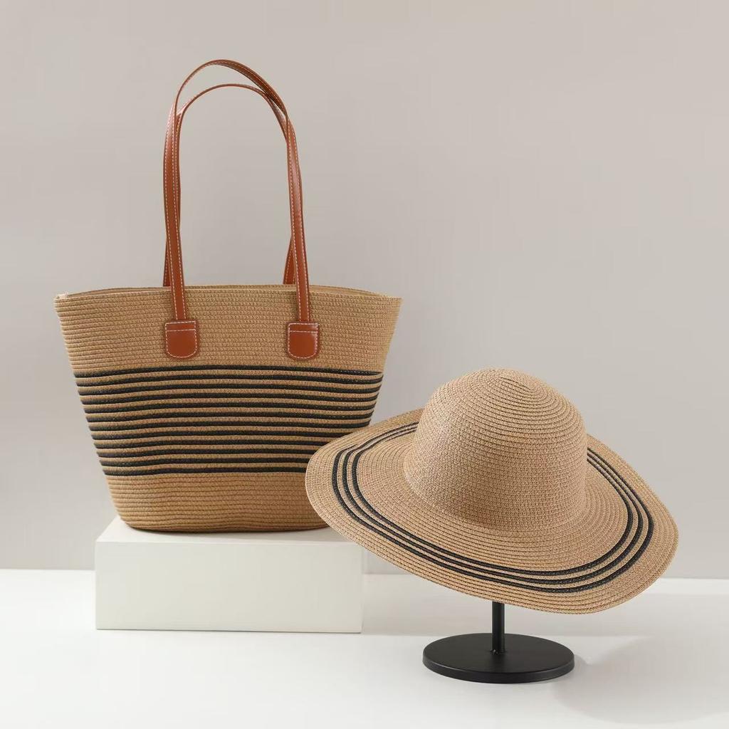 1 Conjunto Chapéu de Sol Estilo Boêmio Feminino + 1 Bolsa de Ombro, Estilo Férias, Chapéu de Palha de Ombro Bolsa Tote de Praia para Viagem de Verão Férias
