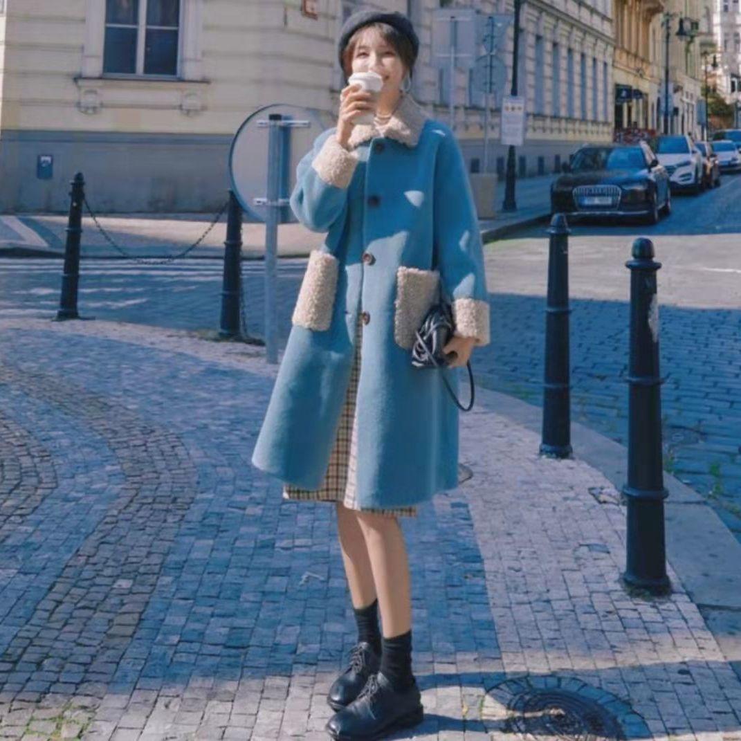 

Осень-зима Женское свободное бархатное толстое повседневное пальто средней длины из овечьей шерсти Женское новое модное шерстяное пальто Модный кардиган 7XL синий