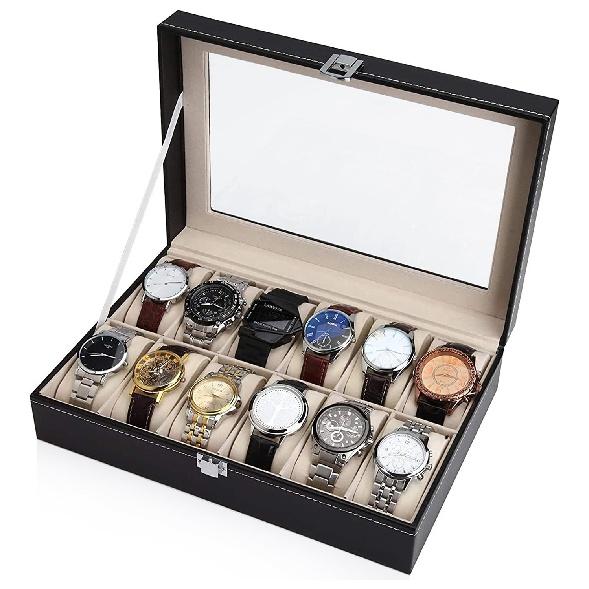 12 Fächer, Leder-Uhrenbox, Vitrine, Halter, schwarze Aufbewahrungsbox, Glas-Schmuck-Organizer für Männer und Frauen, tolles Geschenk