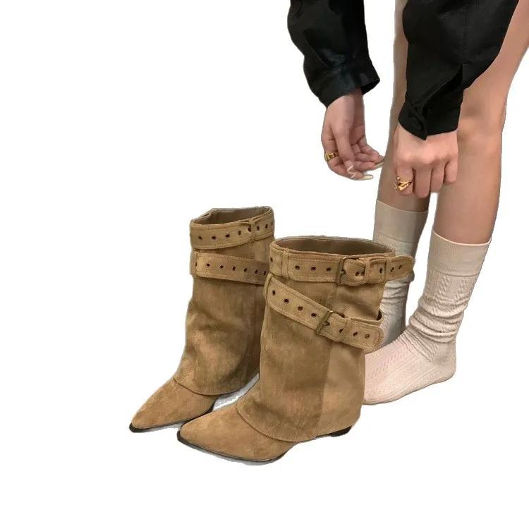 Soft Leather Version Mermaid Western Cowboy Boots Retro Style Rivet Pointed Toe Thick Heel Knight Boots Mid-Calf Pant Leg Boots