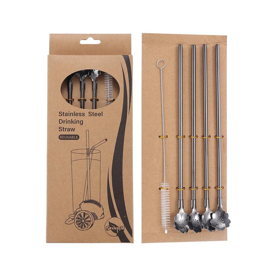 Cherry Blossom Straw Spoon Set with Cleaning Brush Stirring Spoon 304 Stainless Steel Summer Drink Cocktail Party BarAccessories