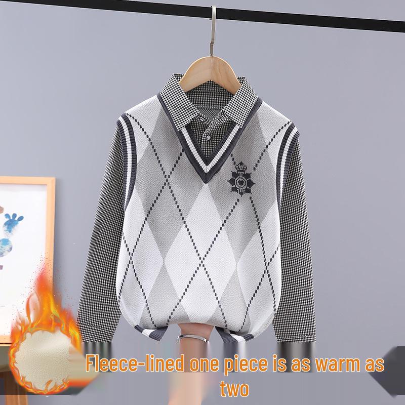 

Стильний бавовняний в язаний светр для хлопчиків на весну та осінь з імітацією багатошаровості та оксамитом для дітей 170 cm