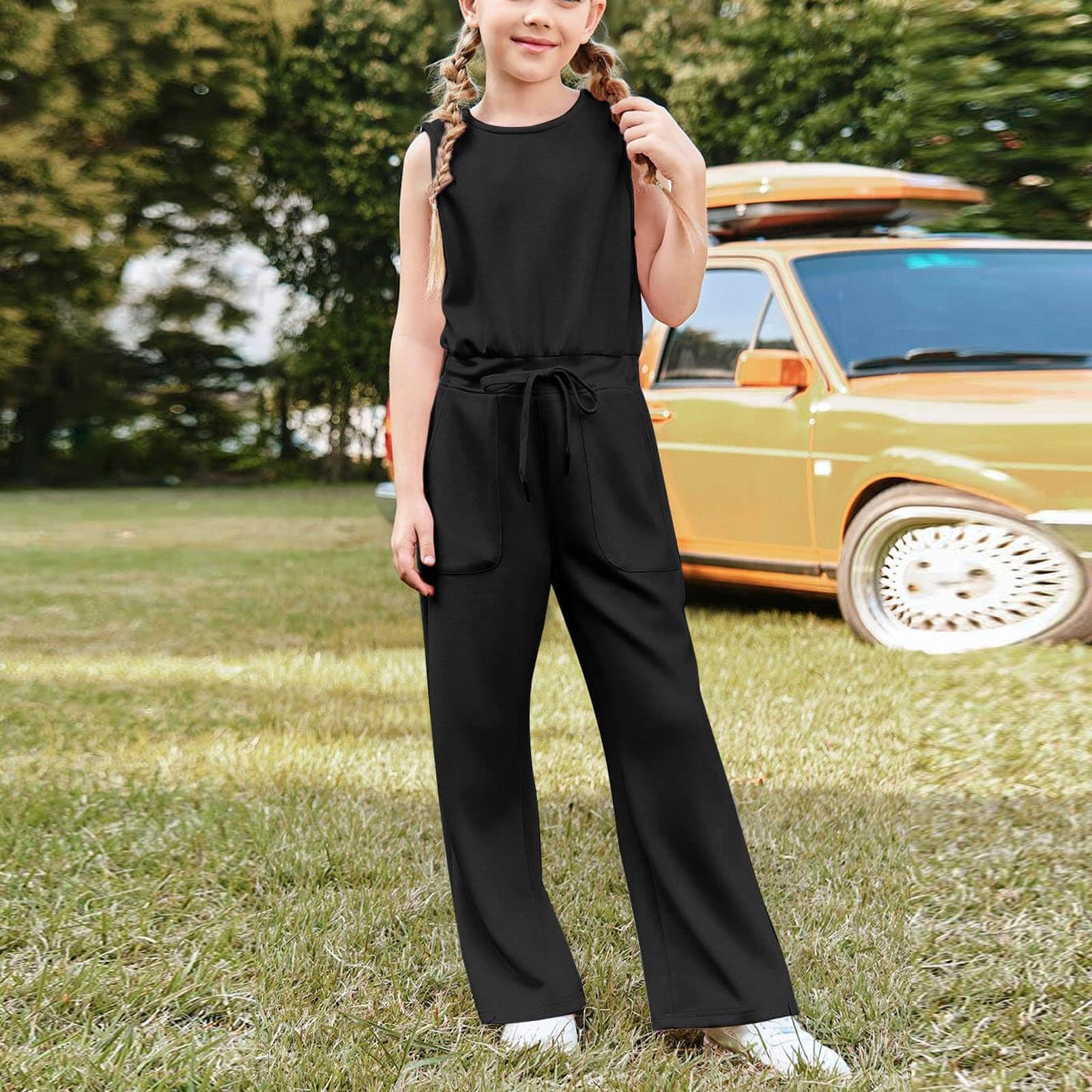 

Комбинезоны для девочек без рукавов с круглым вырезом и широкими штанинами для маленьких детей и больших детей 120 чёрный