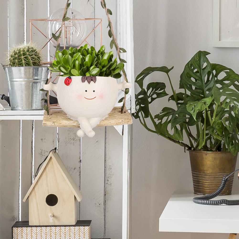 Rocking Chair/Swing Face Planter Pot Lovely Resin Head Pots Cute Succulent Planter Garden Supplies for Indoor Home Hanging Decor