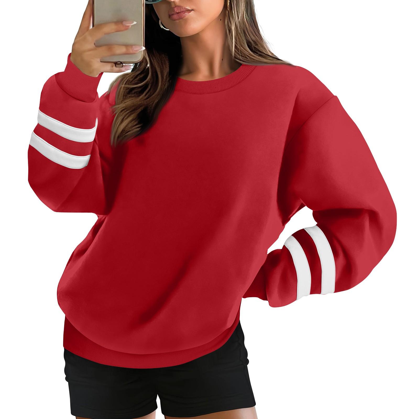 Women s Casual Oversized Crewneck Sweatshirt with Striped Sleeves, Soft Fleece Pullover for Everyday Comfort L красный