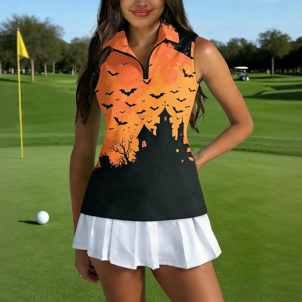 Women's Sleeveless Golf Shirt with Zipper Collar Halloween Print Sports Vest for Casual Wear