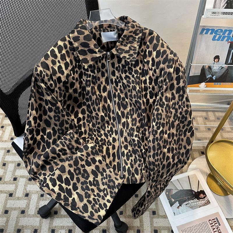 

Мужская куртка в американском стиле хай-стрит с подплечниками, леопардовым принтом, весенне-осенняя, свободная, повседневная, стираная, хулиганская куртка, мужское пальто 3XL