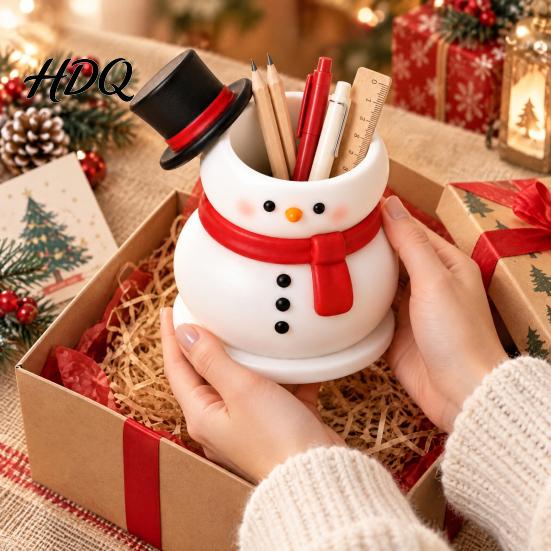 Holiday Home Decoration Cute Snowman Storage Container Durable Resin Makeup Brush Holder Entryway Key Tray Decorative Pen Holder for Office Tabletop