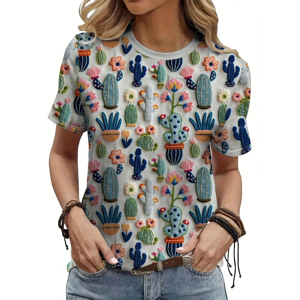 Women's Fashion Oil Floral Pattern Fashion Short Sleeve Round Neck Top Casual