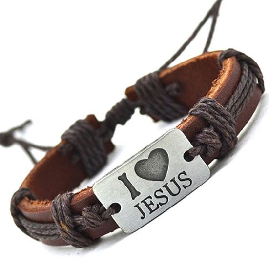Vintage Unisex Faux Leather Bracelet Alloy I Love Jesus Letters Decor Rope Bangle