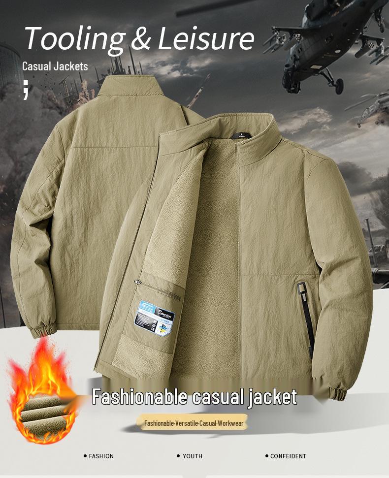 Men's Velvet-Lined Stand Collar Winter Jacket - Loose Fit, Plus Sizes Available
