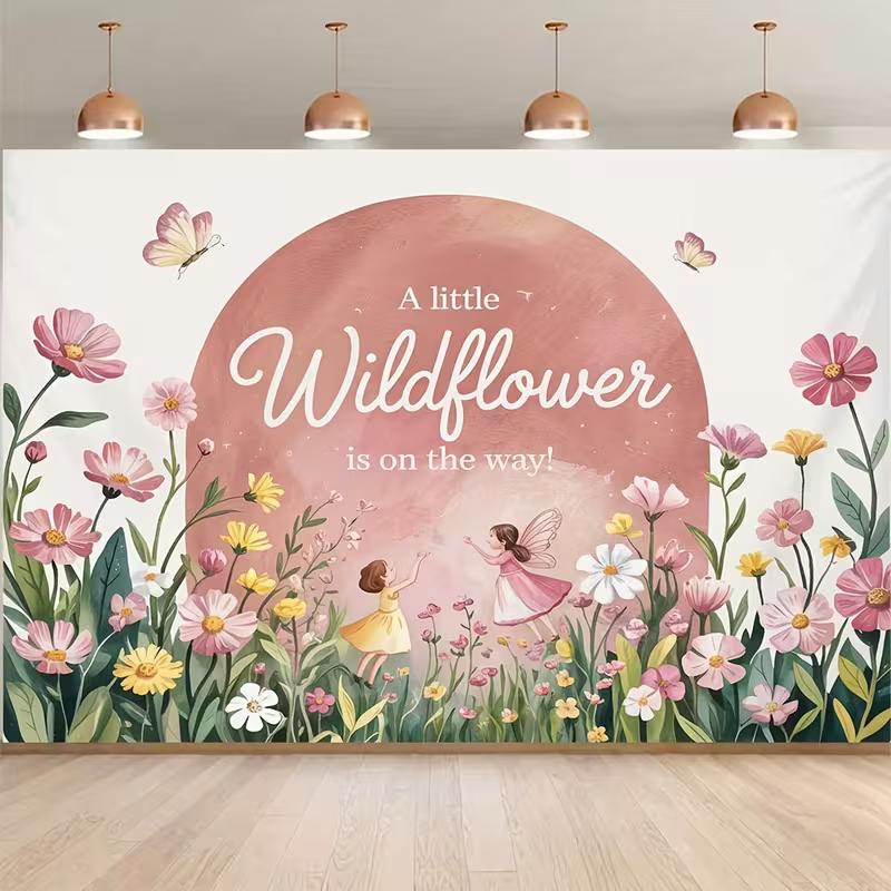 

2D Flat Floral Baby Shower Backdrop Wildflower is on the Way Themed Background Cloth 47.2x31.5inch/120*80cm
