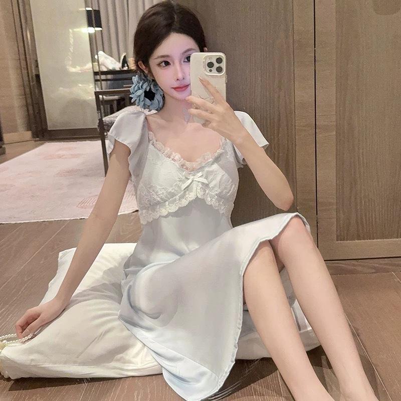 Pajamas Thin Japanese Court Lace Sweet Pajamas Spring and Summer Ice Silk Short Sleeves Women's Long Pajamas with Chest Pads