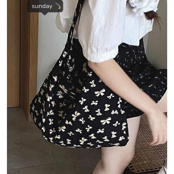 Broken Flower Canvas Bag Bag Women'S Summer Tide Korean Tote Bag Large Capacity Bow Bucket Bag