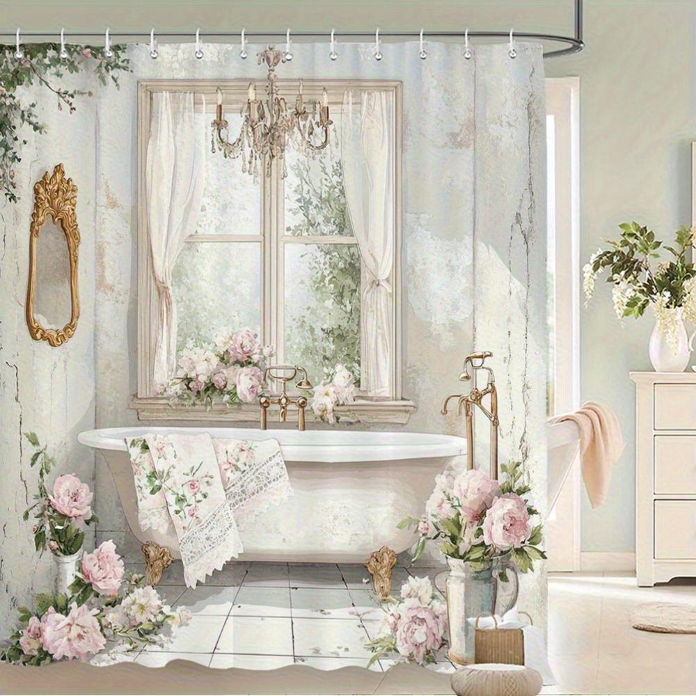 Vintage Floral Shower Curtain Shabby Chic Bathroom Decor Romantic Cottagecore Aesthetic Window Mural Curtain Set Luxury Bath