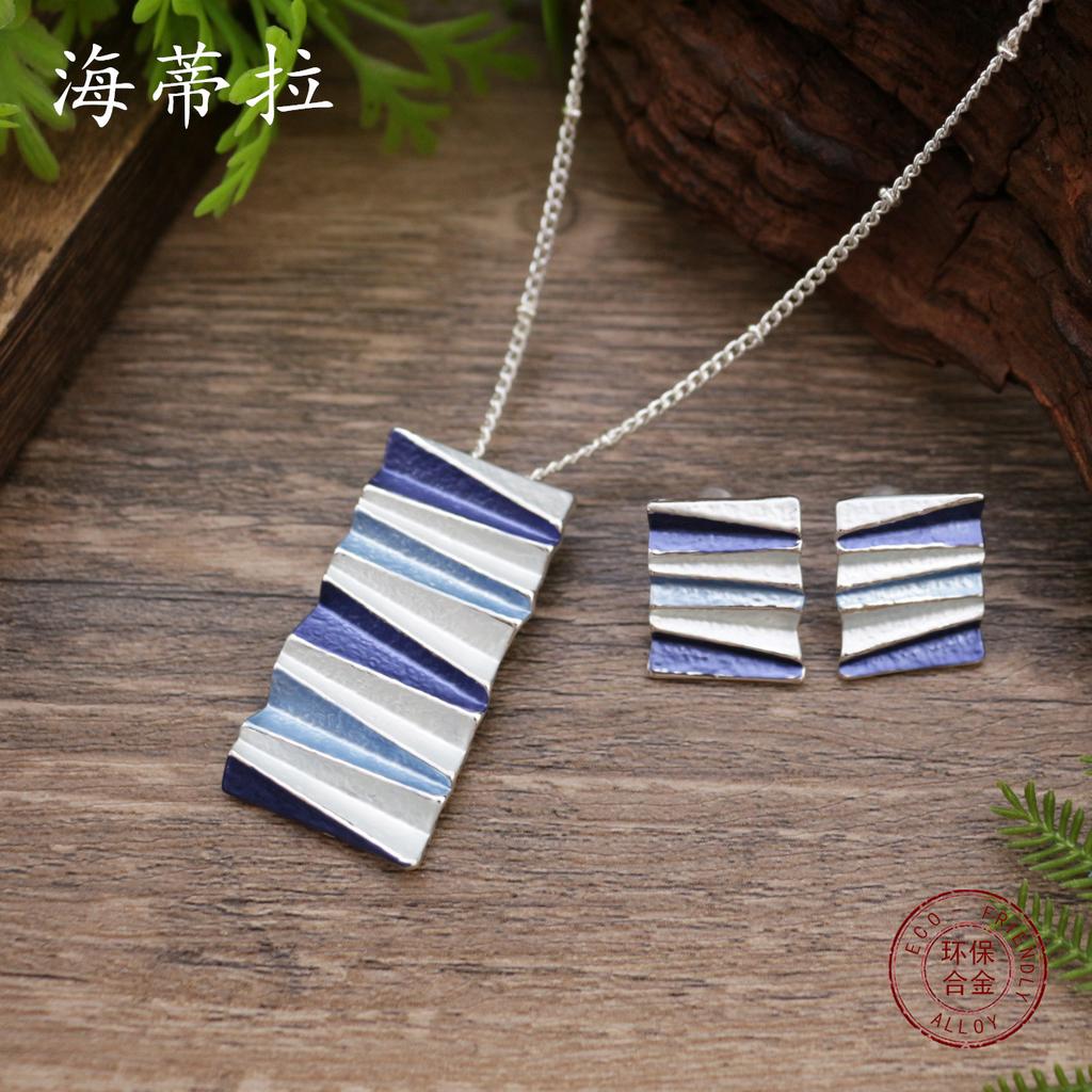 New enamel folding square geometric stud earrings pendant set, women's exaggerated irregular necklace.