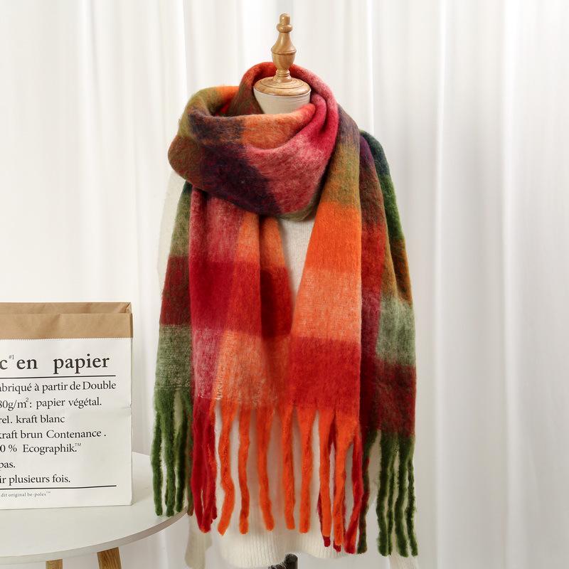 Rainbow Mohair Plaid Scarf - Thick, Chunky, Warm Winter Tassel Neck Warmer in Four Colors