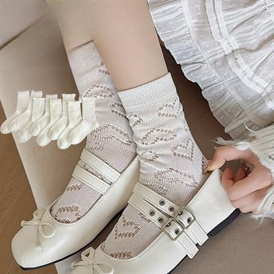 Lolita Koronkowe Skarpetki Koronkowe z Kokardkami na Środku, Słodkie Wiosenne i Jesienne Dziewczęce Białe Bawełniane Skarpetki