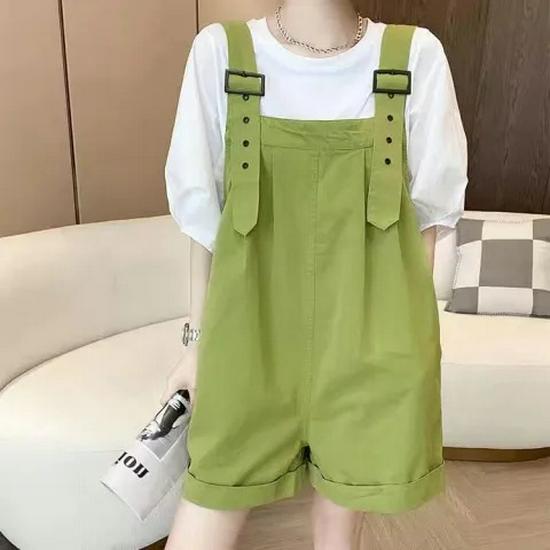 Green Plus Size Petite Cotton Workwear Overalls Shorts for Women - Summer High Waist, Loose Wide-Leg Style 