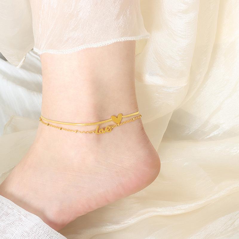 18k Gold Heart Titanium Steel Anklet - Vintage, Non-Fading Luxury Foot Chain for Women