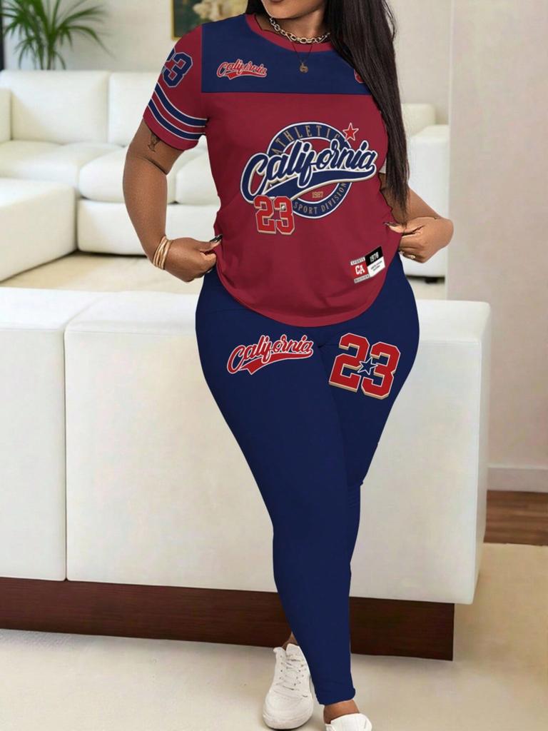 Color-block Casual Daily Two-piece Short-sleeved Long-pants Set for Women
