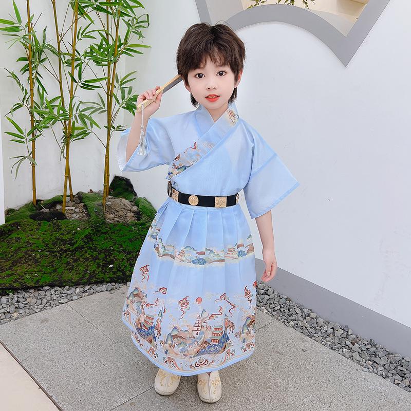 2024 Children's Day Caiyun Zhuiyue Hanfu: Short Sleeve Ancient Style Dress for Boys and Girls