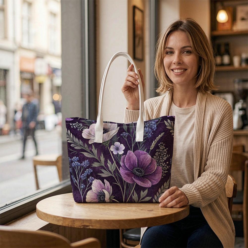 Purple Floral Shoulder Bag Fashion Casual Daily Tote Handbag Aesthetic Trendy Large Capacity Carryall for Women Portable Outdoor Commuting Bag