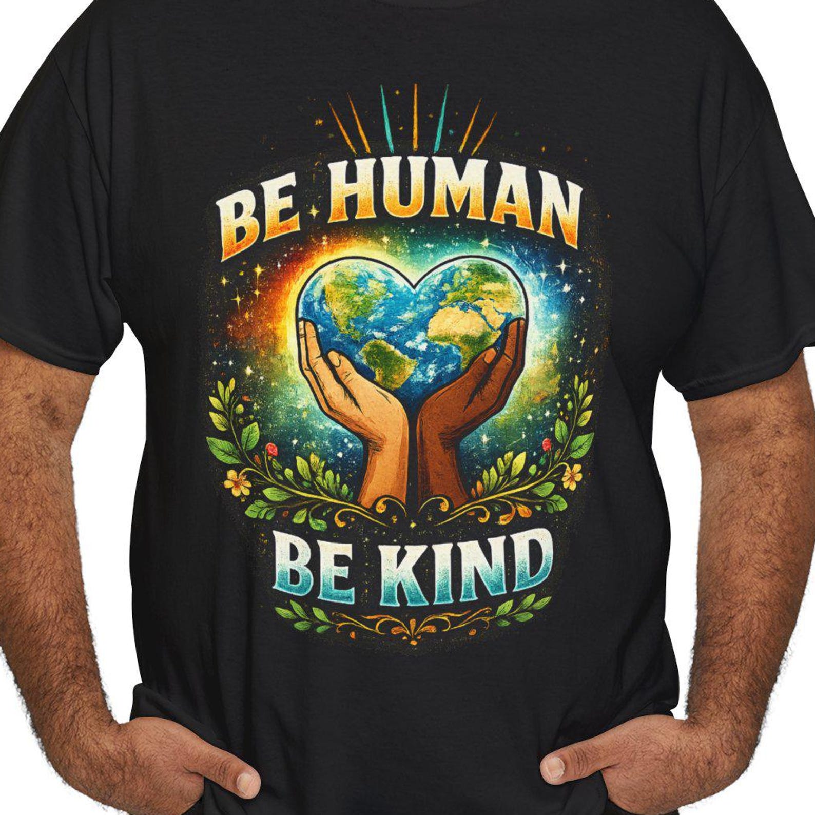Be Human Be Kind tee | Earth hands graphic T-Shirt, Eco Kindness design L