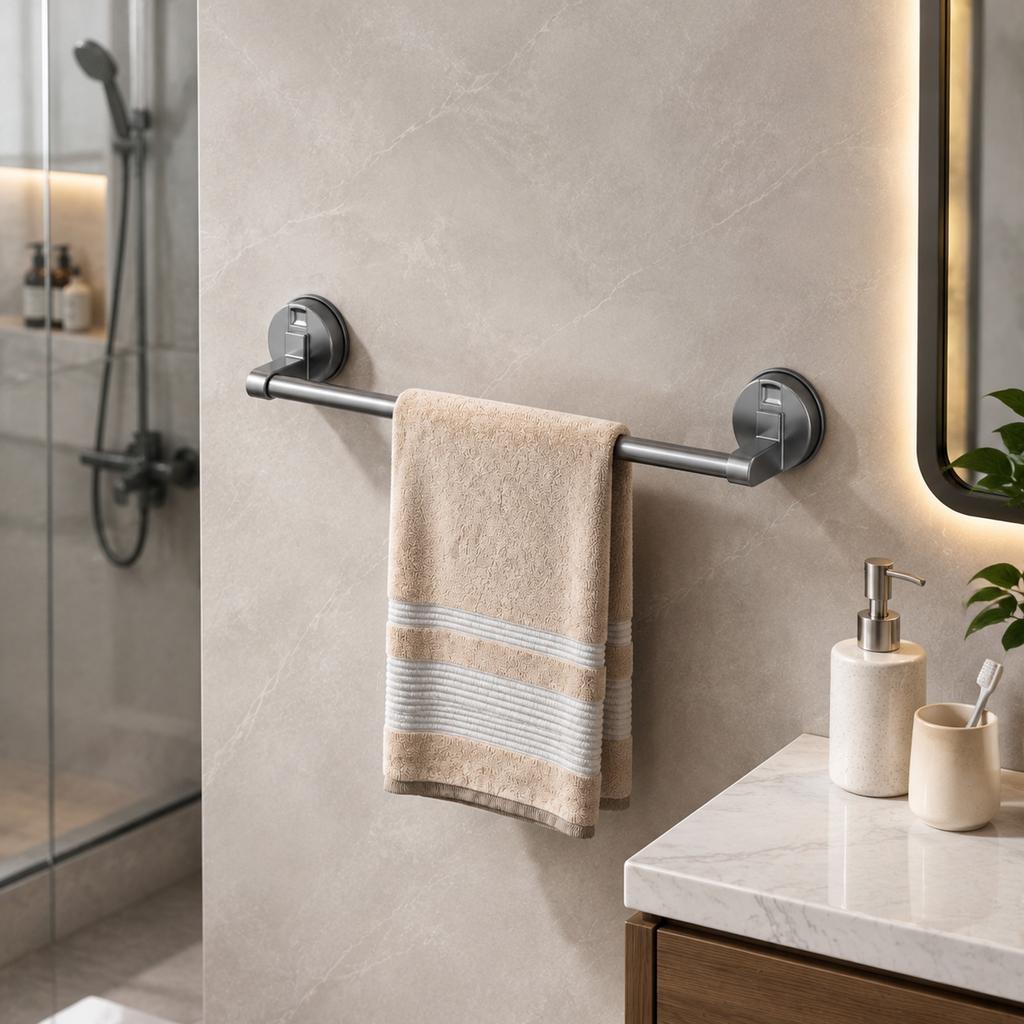 No-Drill Vacuum Suction Towel Rack, Space Aluminum, for Bathroom and Toilet