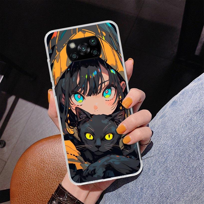 Anime Girls Cute Black Cat Phnoe Case for Xiaomi Poco X5 X6 X7 Pro X4 Gt F7 Ultra M8 M7 Redmi 15C 15 13C 13 12C 12 Unique Cover