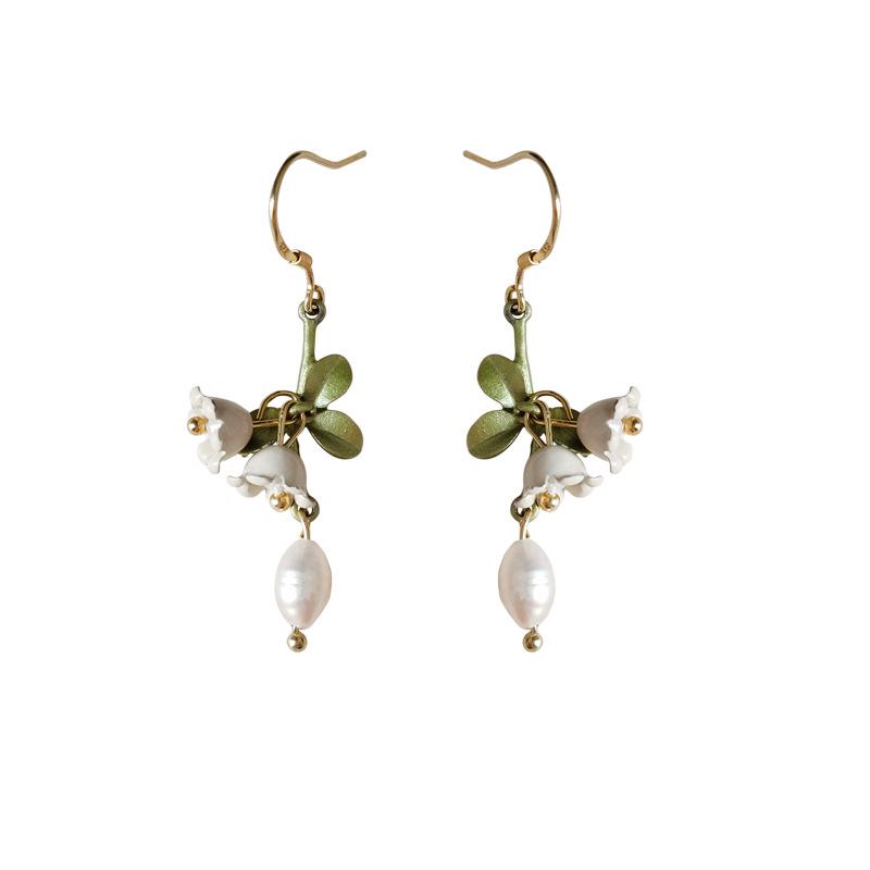 Lily of the Valley Silver-Plated Earrings with Green Tassel and Freshwater Pearl