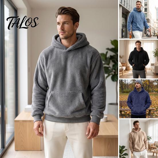 Versatile Layering Top Men Plush Hoodie, Teddy Fleece Pullover Sweatshirt with Kangaroo Pocket, Loose Winter Cold Weather Clothing Fit Fuzzy