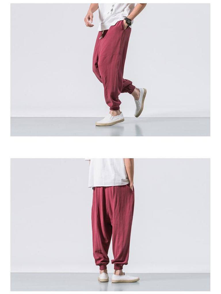 2022 Men's Loose Linen Ankle-Length Drawstring Trousers - Youthful Spring/Summer Style, Plus Size, Solid Color.