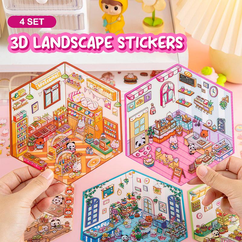 4Set Desene Animate Kawaii Miniatură Scenă Vizuală Autocolante Stivuibile Miniatură 3D Peisaj Scenă Autocolante Cont de Mână Autocolante
