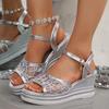 Fashion Women's Fashion Silver Wedge Heel Sandals Summer Shiny Crystal Platform Sandals Woman Breathable Mesh Thick Sole Sandalias Mujer