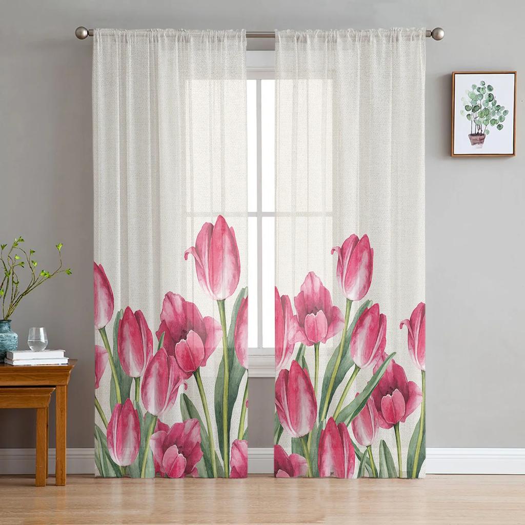 Spring Tulips Easter Mother Day Flowers Tulle Curtains Living Room Home Kitchen Decor Bedroom Window Drapes Light Filtering Made Of Polyester Sitting