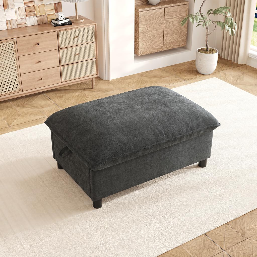Sofa Stool with Storage, Chenille, Padded Footstool Bench with 8 cm Legs, Versatile Seat Cushion for Living Room, Bedroom, Black, 98x65x48 cm