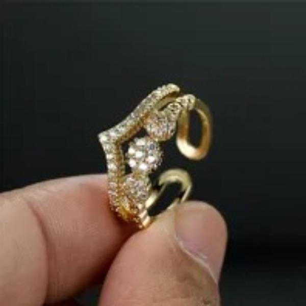 Golden Double Layer V Shaped Open Ring Fashionable Personalized Versatile Micro Inlaid Zircon Ring