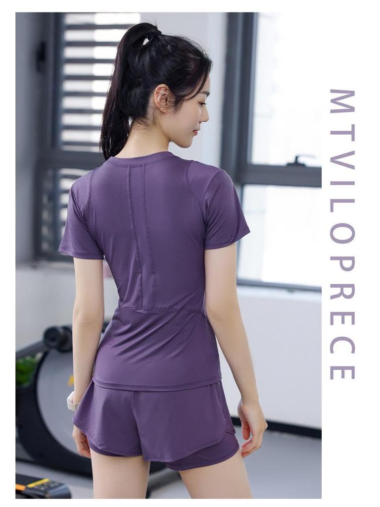 Women's Summer Yoga Wear: Stretchy Two-Piece Short Sleeve & Shorts Fitness Set